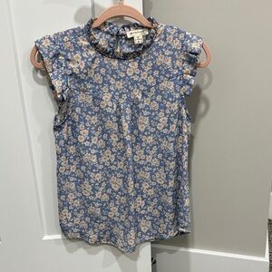 Monteau Blue Floral Ruffle Mock-Neck Blouse